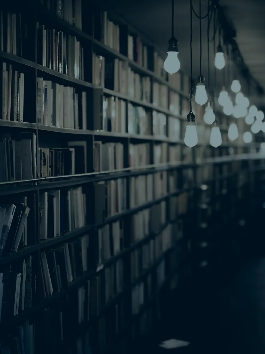 Parede de estantes de livros em perspectiva, iluminada por uma fileira de lâmpadas pendentes que se perde no fundo do corredor.